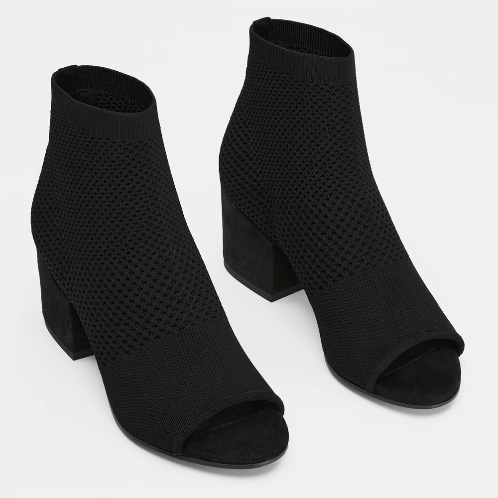 Eileen Fisher Black Croft Block Heel Peep Toe Sock Bootie Sz.7 NWOB